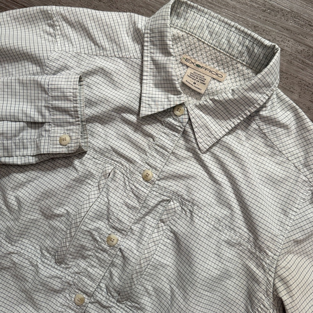 ExOfficio Shirt Womens M Grid Nylon Hiking Travel Vented Gorpcore River Fishing